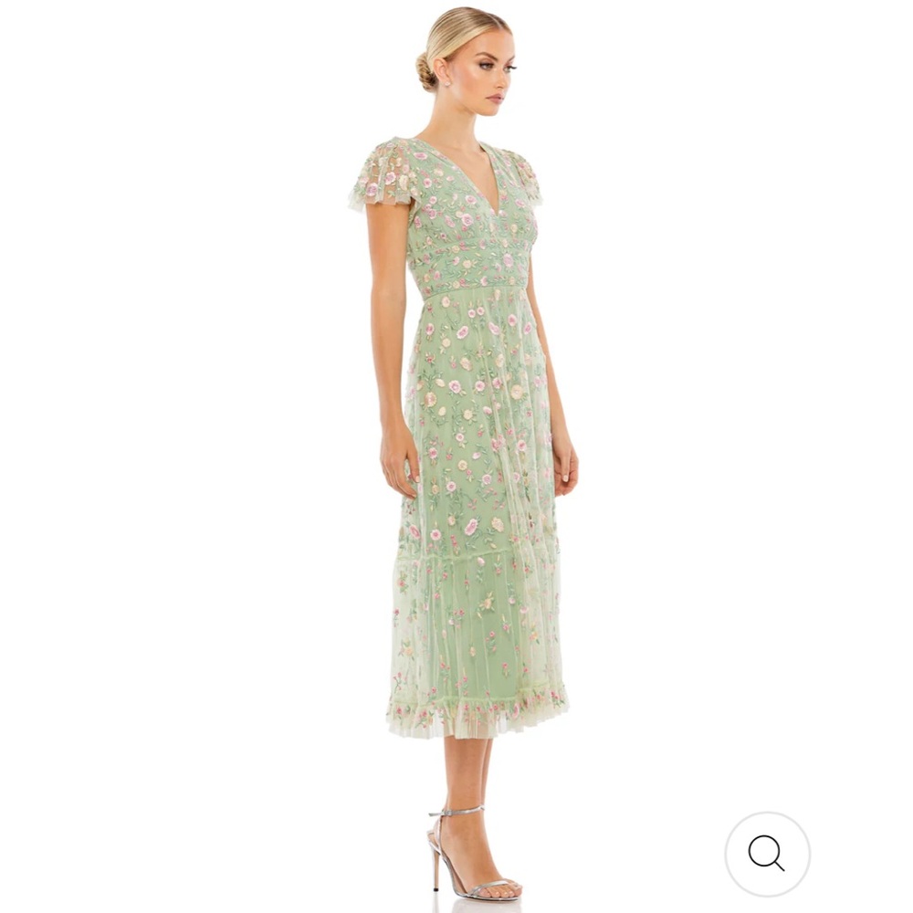 MAC DUGGAL EMBROIDERED V NECK CAP SLEEVE FLORAL APPLIQUÉ MIDI DRESS - SAGE - NEW
